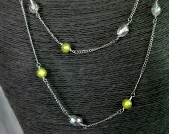 Double Strand Necklace / Lemon Yellow and Crystal Clear Beaded Necklace / CLEARANCE