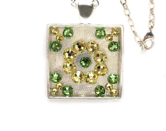 Square Pendant Made with Swarovski Crystals in Green and Yellow