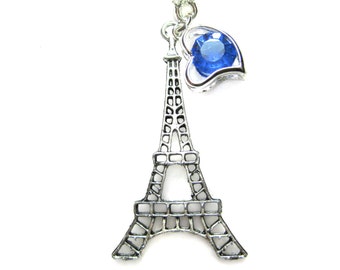 Eiffel Tower Necklace / Eiffel Jewelry / Blue Heart Charm Pendant