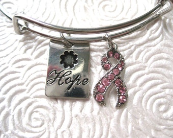 Breast Cancer Hope Bangle Bracelet / Pink Ribbon Bracelet / Cancer Jewelry / Adjustable Bangle