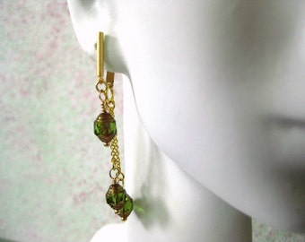 Czech Glass Cathedral Earrings /  Olive Green and Gold Dangles / Gold Plated Earrings / Earring Jacket