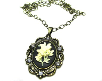 Cameo Like Flower Antique Bronze Oval Pendant Necklace, Off White Flower Cameo Pendant