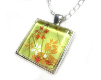 Square Pendant with Green-Yellow Background and Red, Orange & White Flowers