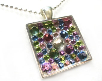 Square Pendant with Pastel Colored Rhinestones