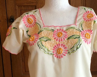 Vintage one of a kind floral embroidered cotton white peasant long sleeve blouse women/'s size medium