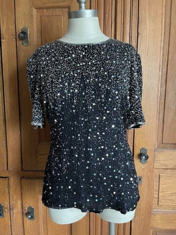 1980s Vintage Stenay Black and Silver Silk Beaded… - image 1