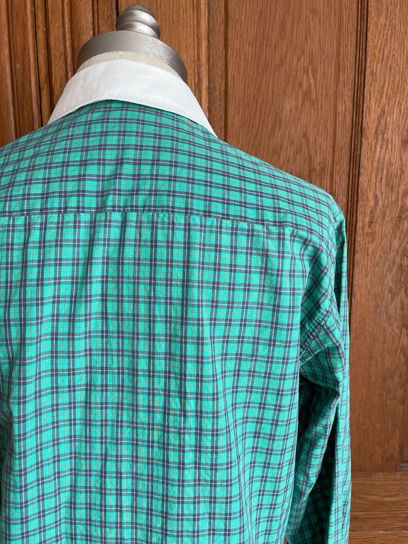 1980s Vintage Liz Claiborne Plaid Button Up Blouse 80s Collard Button Up Green and Blue Shirt Size Medium