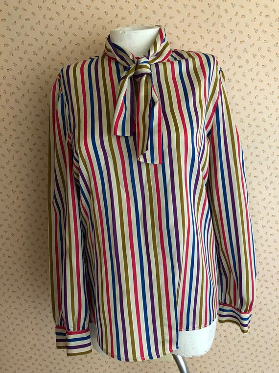 Vintage 80s Pussy Bow V Neck Blouse with StripesGeometric Pattern Size L UK 16