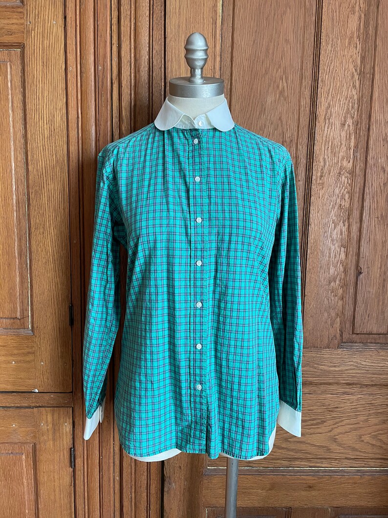 1980s Vintage Liz Claiborne Plaid Button Up Blouse 80s Collard Button Up Green and Blue Shirt Size Medium