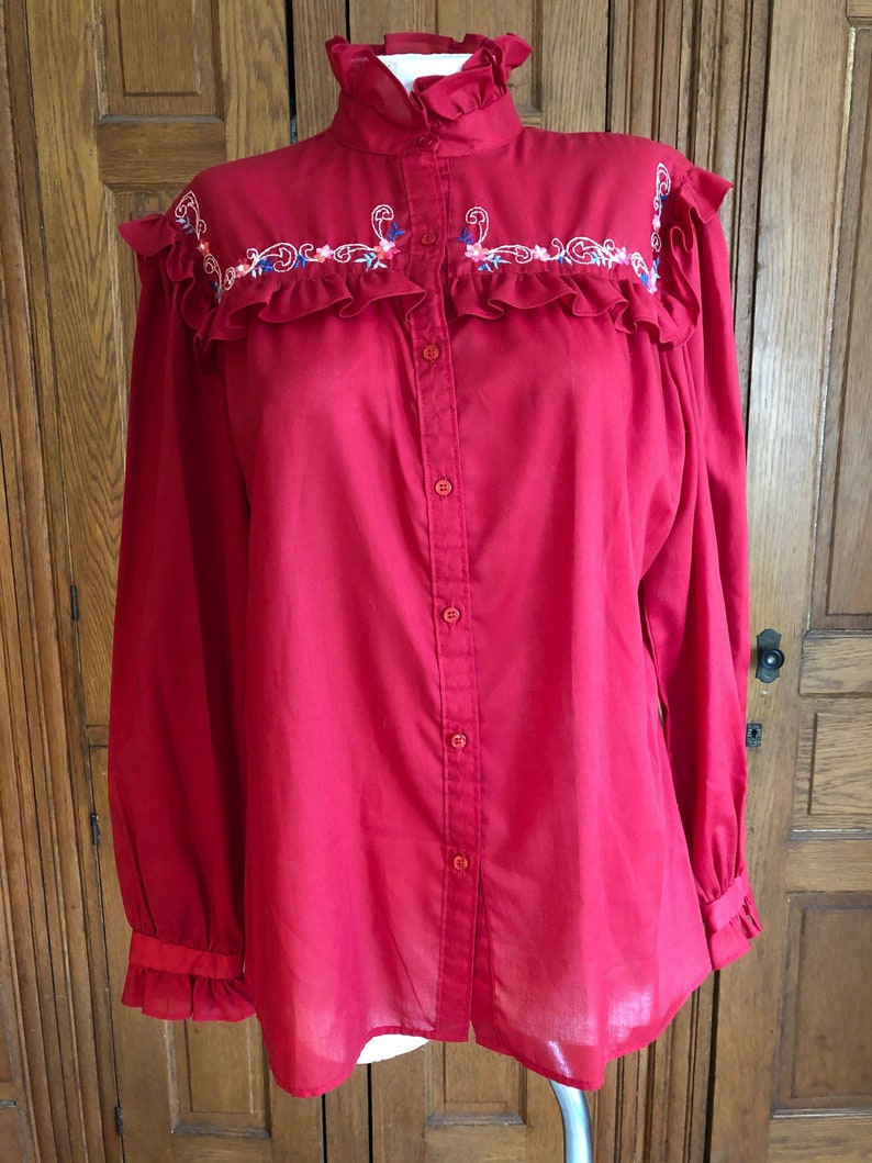 1980s Vintage Laura Mae High Collar Ruffled Blouse Embroidered Floral Pattern 80s Button Up Long Sleeve Large Shirt Button Down Top