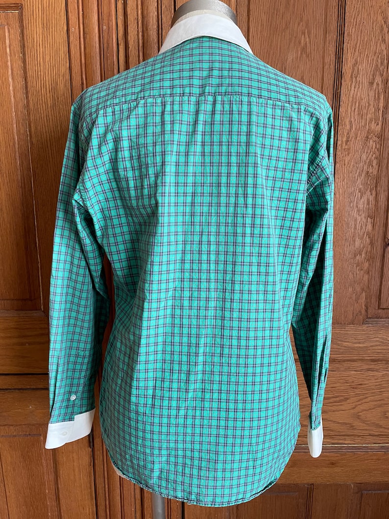 1980s Vintage Liz Claiborne Plaid Button Up Blouse 80s Collard Button Up Green and Blue Shirt Size Medium