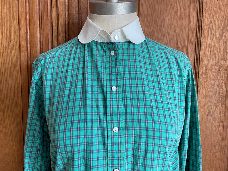 1980s Vintage Liz Claiborne Plaid Button Up Blouse 80s Collard Button Up Green and Blue Shirt Size Medium