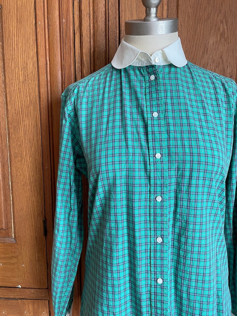 1980s Vintage Liz Claiborne Plaid Button Up Blouse 80s Collard Button Up Green and Blue Shirt Size Medium