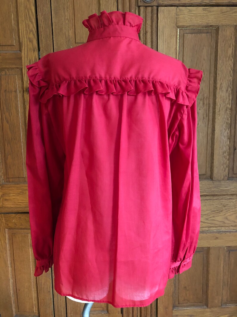 1980s Vintage Laura Mae High Collar Ruffled Blouse Embroidered Floral Pattern 80s Button Up Long Sleeve Large Shirt Button Down Top