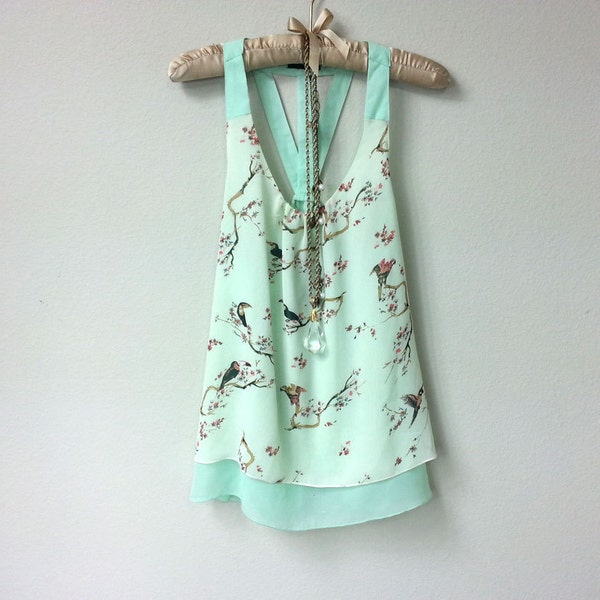 Unique Boho Tropical Birds Print, Sheer Layered Mint Color, Pale Blue, Light Aqua, Pastel Turquoise, Tank Top, Sleeveless Blouse, Strappy