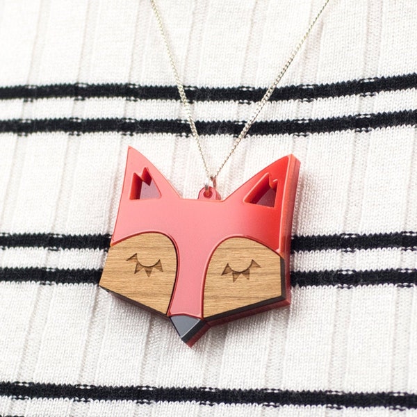 Fox Necklace, Orange Fox Pendant, Scandinavian Necklace, Laser Cut Acrylic Wood Jewellery, Fox Gift, Fox Jewellery, Gift for her