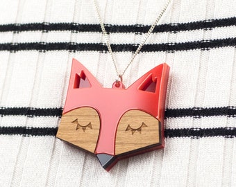 Fox Necklace, Orange Fox Pendant, Scandinavian Necklace, Laser Cut Acrylic Wood Jewellery, Fox Gift, Fox Jewellery, Gift for her