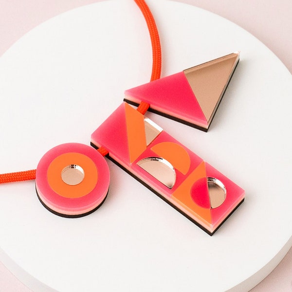 Neon geometric necklace, orange & pink laser cut acrylic, handmade statement necklace, chunky festival jewellery, Valentine gift for her