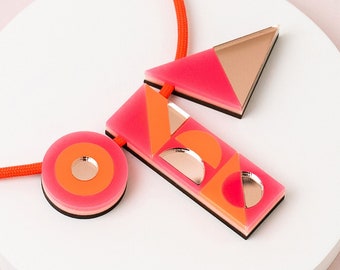 Neon geometric necklace, orange & pink laser cut acrylic, handmade statement necklace, chunky festival jewellery, Valentine gift for her