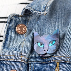 Cat Acrylic Brooch, Lasercut pet tabby cat pin badge, purple and blue animal jewellery, Valentine gift for cat lover image 1