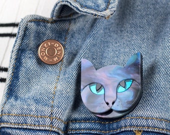 Cat Acrylic Brooch, Lasercut pet tabby cat pin badge, purple and blue animal jewellery, Valentine gift for cat lover