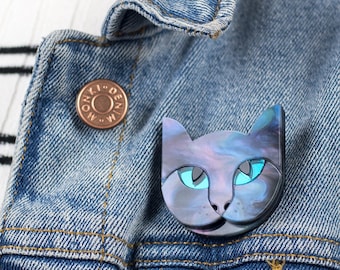 Cat Acrylic Brooch, Lasercut pet tabby cat pin badge, purple and blue animal jewellery, Valentine gift for cat lover