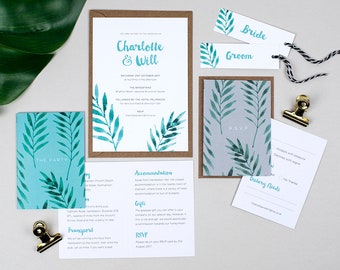 Botanical Wedding Invitation, Tropical Wedding Stationery, Calligraphy Wedding, Green Leaf Watercolour Invite, Boho Natural Woodland Wedding