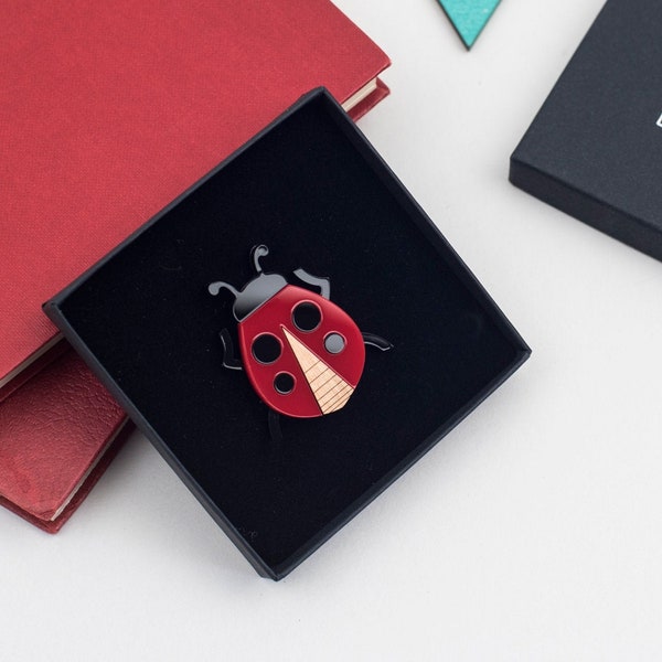 Ladybird Brooch in Acrylic & Wood, Black and Red Ladybug Badge, Insect Pin, Gift for Gardener, Valentine Gift fir Her