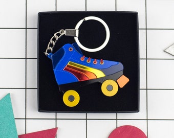 Roller Skate Keyring, Lasercut Acrylic Rainbow Blue Roller boot