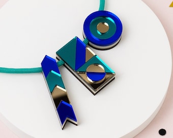 Teal & Blue geometric necklace, laser cut mirrored acrylic, handmade statement pendants, chunky festival jewellery, Valentine gift for her