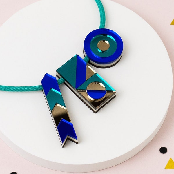 Teal & Blue geometric necklace, laser cut mirrored acrylic, handmade statement pendants, chunky festival jewellery, Valentine gift for her