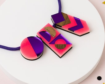 Purple geometric necklace, Statement graphic jewellery, laser cut acrylic, handmade chunky necklace for women, Valentine gift for her