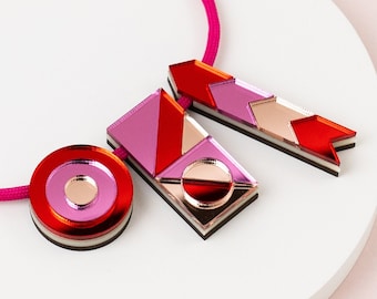 Mirrored Acrylic Geometric Necklace: Red & Pink Chunky Festival Handmade Jewellery