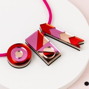 Statement geometric necklace, red & pink mirrored acrylic, handmade laser cut necklace, chunky festival jewellery, Valentine gift for her