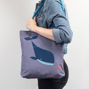 青いクジラのキャンバストートバッグ、手作りの海のビーチバッグ、動物のショッピングバッグ、彼女への魚のギフト、クリスマスギフト
