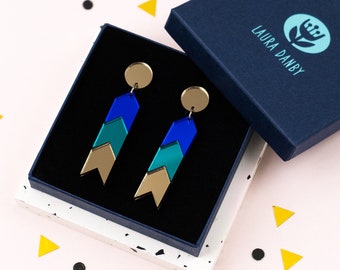 Teal Geometric earrings, chevron statement dangle earrings, blue & teal mirror acrylic, laser cut arrow jewellery, Mothers Day gift for her