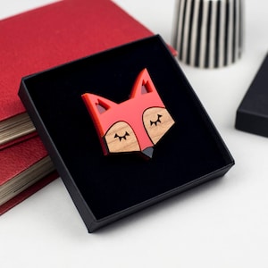 Fox Brooch in Laser Cut Acrylic & Wood, Scandinavian woodland animal pin badge, Orange Animal brooch, Fox gift, Mothers Day gift for her image 1