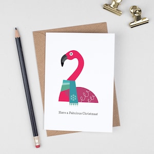 6 Pink Flamingo Christmas Cards, Tropical Happy Holidays Cards, Scandinavian Christmas Cards, Funny Christmas Card, Pack of 6 Flamingo Cards image 1