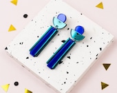 Teal Art Deco earrings, statement handmade dangle earrings, blue mirror acrylic, colourful festival drop earrings, Mothers Day gift for her