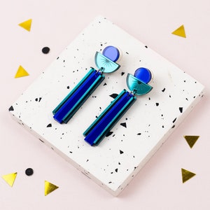 Teal Art Deco earrings, statement handmade dangle earrings, blue mirror acrylic, colourful festival drop earrings, Valentines gift for her