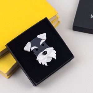 Schnauzer dog brooch, acrylic pin badge for dog lover, handmade grey and white pet gift, Valentine Gift image 2