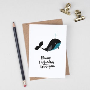 Tarjeta divertida para el Día de la Madre, tarjeta de ballena para mamá, te amo, tarjeta para el Día de la Madre con peces de hijo/hija, primer día de la madre, juego de palabras con animales
