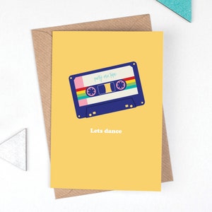 Carte d'anniversaire mixtape rétro, carte « Lets Dance » sur le thème des années 1980, fête de la cassette arc-en-ciel, carte pour mélomane, carte pour lui