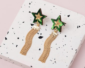 Green Shooting Star Earrings, Gold Tassel Celestial Drop Earrings, Art Deco Jewellery, Statement Laser Cut Acrylic Earrings, Mother Day Gift