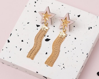 Cream Shooting Star Earrings, Gold Tassel Celestial Drop Earrings, Art Deco Jewellery, Statement Laser Cut Acrylic Earrings, Mothers Day