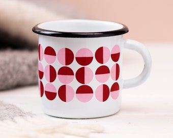 Geometric Enamel Mug, Outdoor Picnic Mug, Camping Travel Cup, Retro Red & Pink Semi Circle Pattern