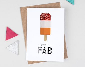 Retro Fab Lolly Valentines Card, Cute Love Card, Food pun, Friendship card for her, Card for him, 'You Are Fab'