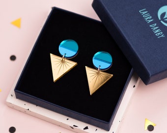 Geometric statement drop earrings, gold green blue mirror acrylic, triangle party dangle earrings, festival earrings, Birthday gift for her