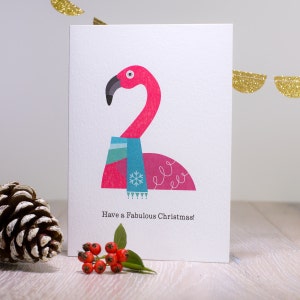 Rosa Flamingo-Weihnachtskarte, tropische Strandkarte, Frohe Feiertage, skandinavische Weihnachten, lustige Weihnachtskarte, Retro-Vogel-Weihnachtskarte