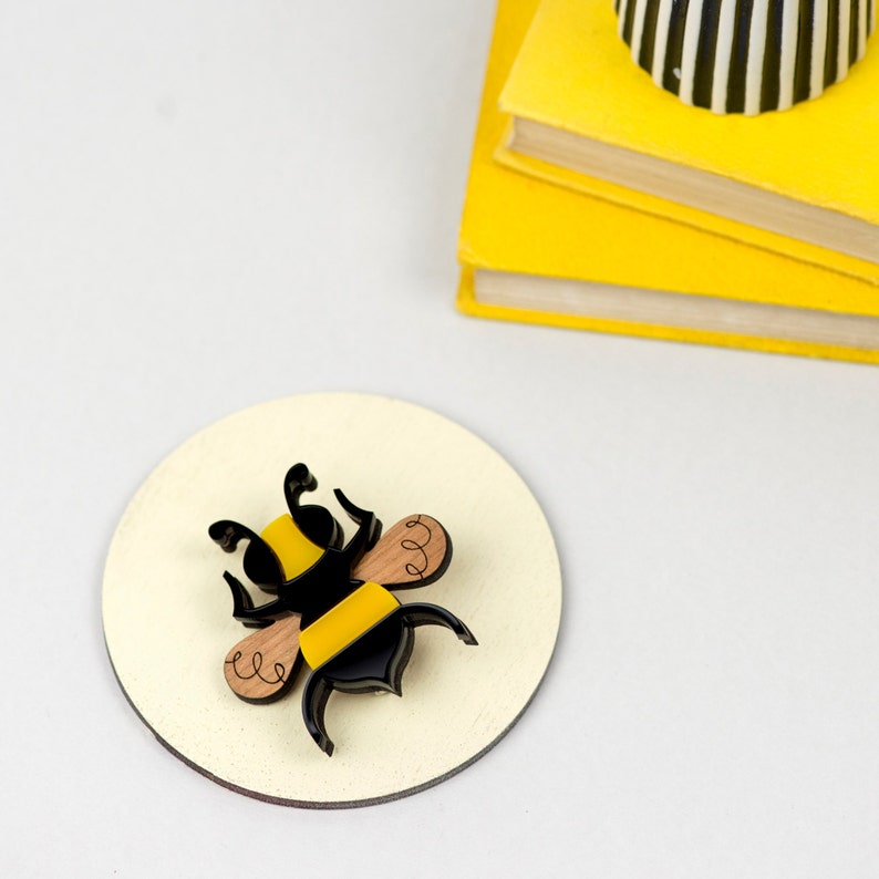 Bee Brooch in Lasercut Acrylic and Wood, Black Yellow Bug Badge, Insect Pin, Gift for Gardener, Valentine Gift fir Her image 5